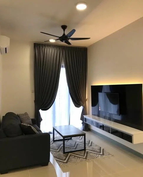 Living features: 3-seater fabric sofa in dark grey, coffee table with black metal frame, area rug with geometric pattern, wall-mounted TV, TV console with white cabinetry, floor-to-ceiling windows, sheer curtains, blackout curtains, ceiling fan, recessed LED downlights, air conditioning unit; style: modern.