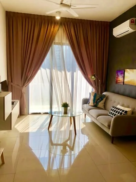 Living features: 3-seater fabric sofa in grey, glass coffee table, floor-to-ceiling windows, sheer curtains, dark accent wall, light-colored tiled flooring, ceiling fan, wall-mounted air conditioning unit, decorative wall art, potted plant; style: modern; view: city.