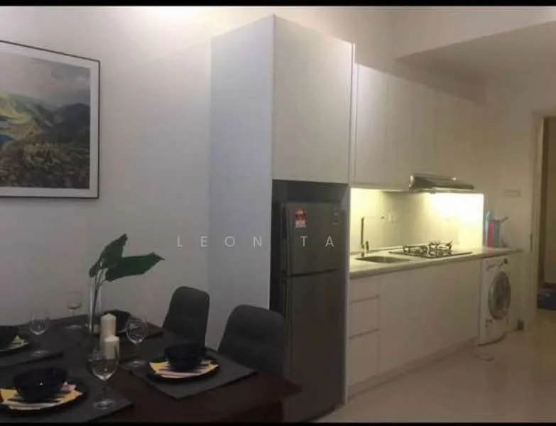 Kitchen features: white cabinetry, stainless-steel fridge, built-in oven, 4-burner gas hob, stainless-steel range hood, single-bowl stainless-steel sink, chrome pull-down faucet, white tiled backsplash, washing machine, dining table with 4 chairs, table setting with plates and glasses, wall-mounted light, cream-colored walls, tile flooring; style: modern.