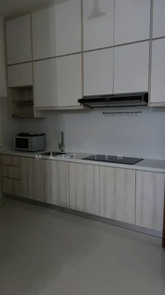 Kitchen features: white cabinetry with wood accents, built-in oven, stainless-steel range hood, ceramic cooktop, single-bowl stainless-steel sink, chrome pull-down faucet, microwave, white tiled backsplash, light-colored countertop, grey floor tiles; style: modern.