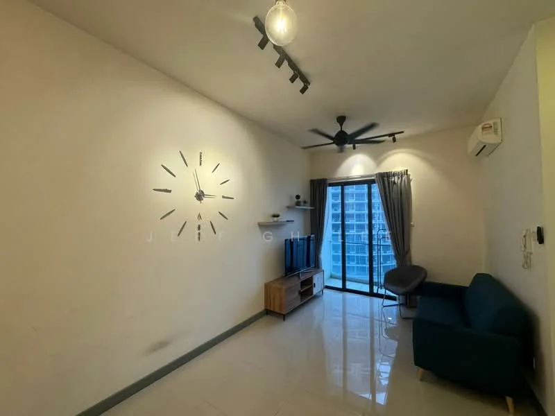 Living features: white painted walls, glossy tile flooring, 5-blade ceiling fan with light, track lighting, sliding glass door, floor-to-ceiling windows, curtains, TV console, wall-mounted TV, sofa in teal, decorative wall clock, shelf unit; style: modern; view: city.