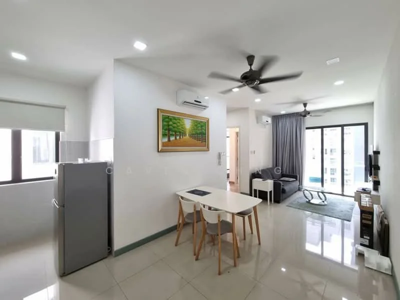 Living features: grey fabric sofa, coffee table, wall-mounted TV, TV console, 5-blade ceiling fan with light, recessed LED downlights, floor-to-ceiling windows, sliding glass door, area rug, white painted walls, glossy tile flooring; style: modern; view: city. Kitchen features: stainless-steel fridge, white cabinetry, grey countertop, open shelving, recessed LED downlights, tile backsplash, single-bowl stainless-steel sink, chrome pull-down faucet; style: modern. Dining features: 4-seater dining table, white tabletop, wooden chairs; style: modern.