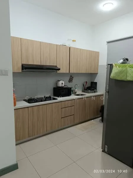 Kitchen features: laminate cabinetry in light wood finish, white tiled backsplash, stainless-steel sink, chrome pull-down faucet, built-in oven, freestanding range oven, microwave, refrigerator, countertop with space for appliances, under-cabinet lighting, ceramic tile flooring, recessed ceiling lights; style: modern.