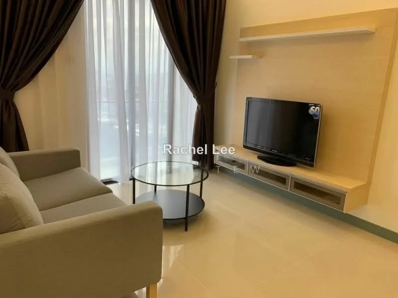 Living features: grey fabric sofa, round glass coffee table, wall-mounted TV, light wood TV console, white walls, floor-to-ceiling windows, sheer curtains, dark brown curtains, glossy tile flooring, shelf above TV console; style: modern; view: city.