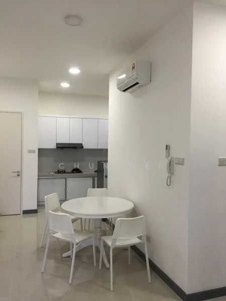 Dining features: round white dining table, 4 white plastic dining chairs, wall-mounted split AC, white painted walls, recessed LED downlights, glossy tile flooring, kitchenette with grey cabinets, stainless-steel sink, built-in oven, microwave, kitchen countertop; style: modern.