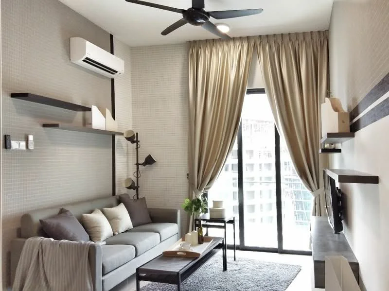 Living features: 3-seater fabric sofa in grey, coffee table, TV console, wall-mounted TV, area rug, floor-to-ceiling windows, sheer curtains, 1 wall-mounted split AC, ceiling fan, decorative plants, shelves on wall, light fixture, wall sconce; style: modern; view: city.