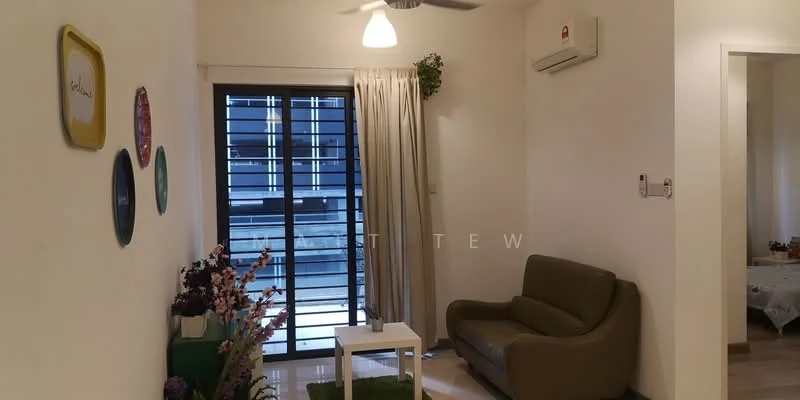 Living features: 3-seater fabric sofa in brown, white coffee table, floor-to-ceiling windows with black grilles, curtains in light beige, wall-mounted split AC, ceiling fan with light, decorative wall art, potted plants; style: modern.