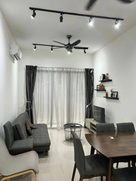 Living features: grey fabric sofa, 2-seater sofa, 4-seater dining table, grey upholstered dining chairs, coffee table, wall-mounted TV, TV console, floor-to-ceiling windows, sheer curtains, 5-blade ceiling fan with light, recessed LED downlights, light-coloured tiled flooring, white painted walls, decorative wall shelves; style: modern.