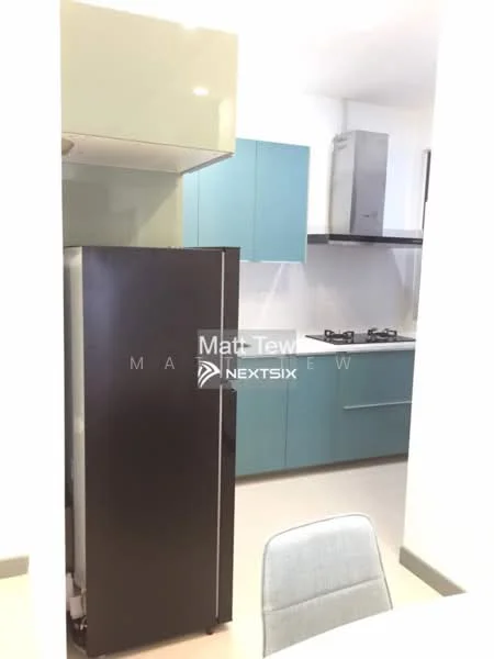 Kitchen features: light green upper cabinets, blue lower cabinets, stainless-steel range hood, 4-burner gas hob, built-in oven, stainless-steel fridge, white countertop, neutral wall colour, tile backsplash, open layout, light grey flooring; style: modern.