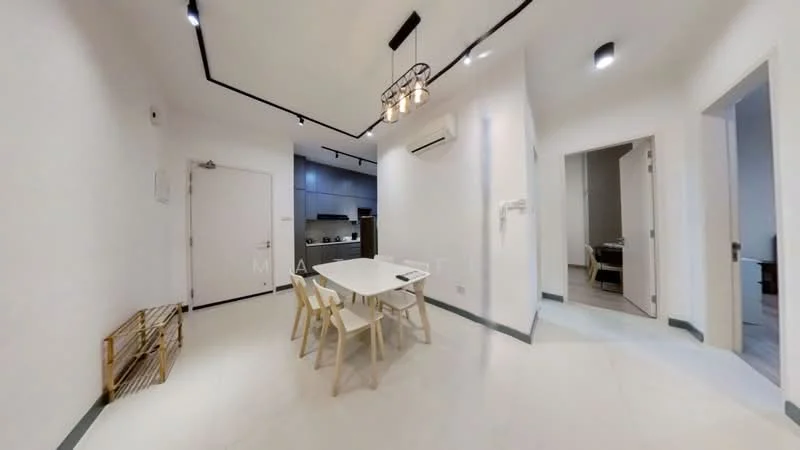 Dining features: white painted walls, recessed downlights, 6-seater dining table, wooden dining chairs, tile flooring, air conditioning unit, open layout to kitchen, doorway to hallway, doorway to living area; style: modern. Kitchen features: grey cabinetry, stainless-steel appliances, open layout to dining area; style: modern. Hallway features: white painted walls, tile flooring, doorway to living area; style: modern.