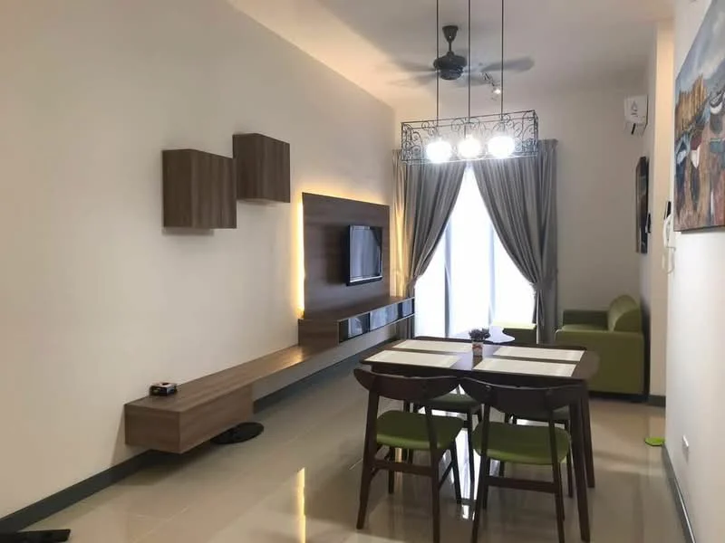 Living features: cream painted walls, glossy tile flooring, 5-blade ceiling fan with light, wall-mounted TV, wooden TV console, dining table with 4 chairs, green upholstered sofa, floor-to-ceiling windows with sheer curtains, decorative wall art, recessed lighting; style: modern.