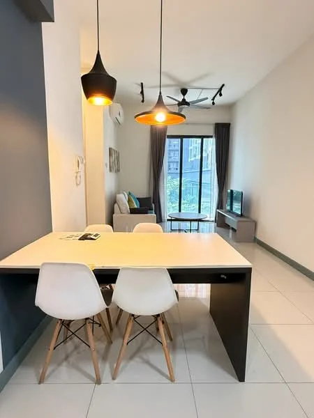 Living features: white painted walls, grey accent wall, polished tile flooring, 5-blade ceiling fan with light, pendant lighting, floor-to-ceiling windows, sliding glass door, curtains, sofa, coffee table, TV console, area rug; style: modern; view: garden. Dining features: white dining table, 3 white chairs, pendant light above table; style: modern.