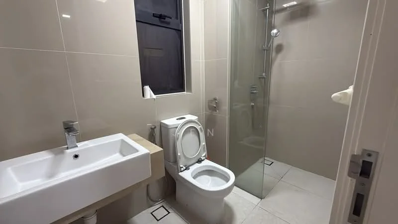 Bathroom features: white ceramic toilet, single-sink vanity with wood cabinet, chrome basin mixer faucet, glass shower enclosure, rain shower head, tile flooring, beige wall tiles, black window frame; style: modern.