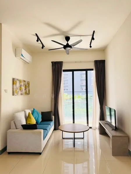 Living features: 3-seater fabric sofa in white, blue and yellow accent cushions, round coffee table, wall-mounted TV, floor-to-ceiling sliding glass door, curtains in grey, 1 wall-mounted split AC, recessed LED downlights, polished tile flooring, neutral painted walls, ceiling fan with 3 blades; style: modern; view: garden.
