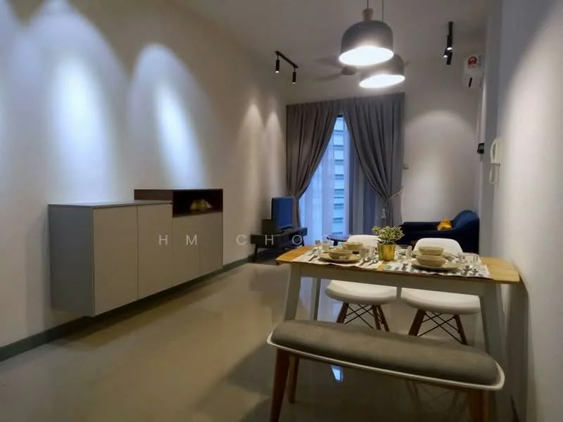 Living features: white painted walls, polished tile flooring, 5-blade ceiling fan with light, recessed downlights, sofa in navy blue, TV console, wall-mounted TV, curtains in grey, sliding glass door, decorative table with dining ware, 3 upholstered dining chairs, small indoor plant; style: modern.