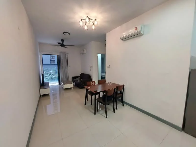 Living features: white painted walls, glossy tile flooring, 5-blade ceiling fan with light, recessed downlights, sofa in dark color, coffee table, TV console, wall-mounted TV, dining table with 4 chairs, air conditioning unit; style: modern.