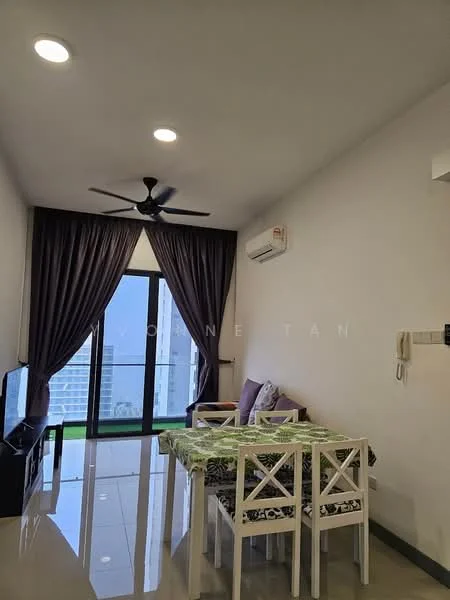 Dining features: 4-seater dining table with white wooden chairs, green floral tablecloth, floor-to-ceiling windows, sliding glass door, curtains in dark purple, 1 wall-mounted split AC, ceiling fan, polished tile flooring, wall-mounted TV, sofa in corner, decorative cushions; style: modern; view: city.