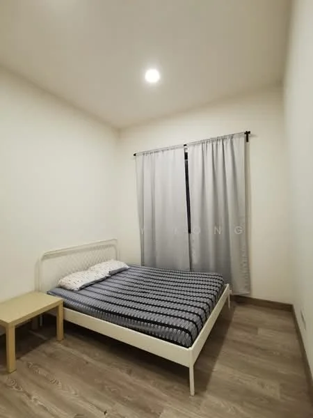 Bedroom features: queen-size bed with patterned bedding, light grey curtains, wooden flooring, white painted walls, ceiling light fixture, small wooden bedside table; style: modern.