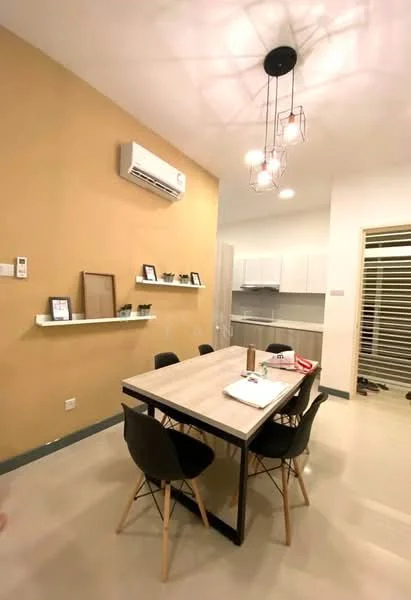 Dining features: 6-seater dining table, black dining chairs, wall-mounted shelf, air conditioning unit, pendant light fixture, cream painted walls, light-colored flooring, open layout to kitchen; style: modern. Kitchen features: white cabinetry, stainless-steel appliances, countertop, open layout to dining area; style: modern.