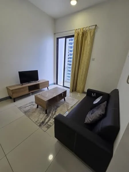 Living features: black leather sofa, wooden coffee table, TV console, wall-mounted TV, area rug with geometric pattern, floor-to-ceiling windows, curtains in light yellow, white painted walls, recessed ceiling lights, glossy tile flooring; style: modern; view: city.