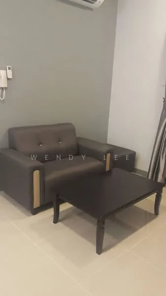 Living features: 2-seater fabric sofa in grey, black coffee table, light-colored tiled flooring, grey painted walls, wall-mounted air conditioning unit, telephone intercom, curtains, decorative wall paneling; style: modern.