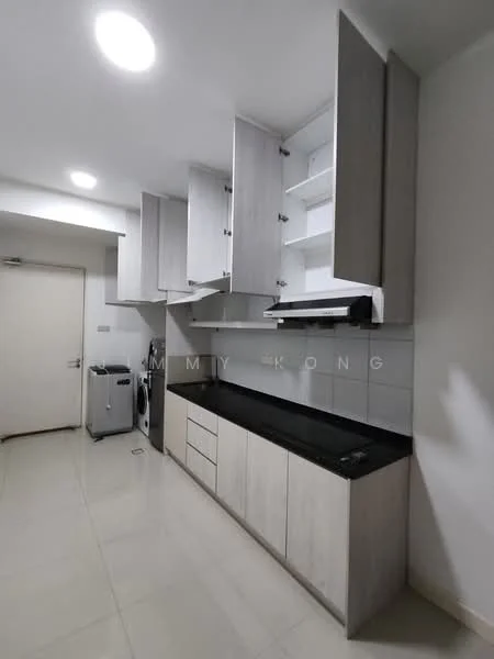 Kitchen features: light grey cabinetry, black granite countertop, stainless-steel range hood, built-in oven, single-bowl stainless-steel sink, chrome pull-down faucet, white tiled backsplash, recessed LED downlights, ceramic tile flooring, washing machine, open shelving; style: modern.