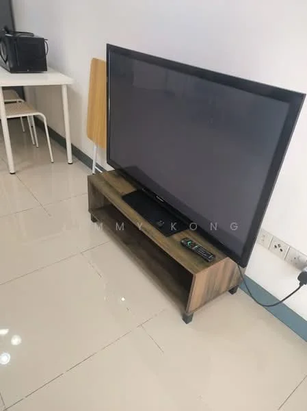 Room features: flat-screen TV, wooden TV console, ceramic tile flooring, white walls, small table, plastic chair; style: modern.