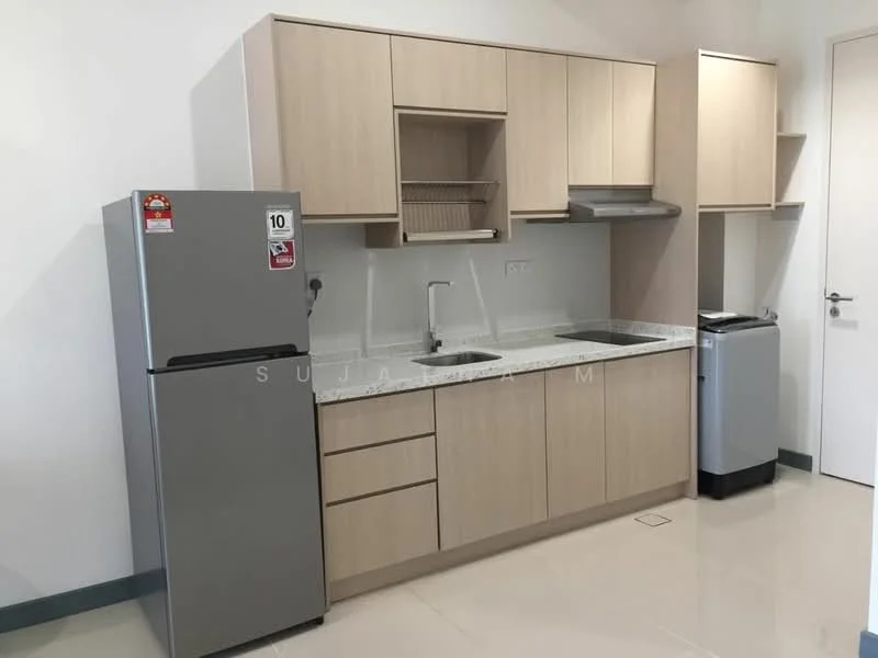 Kitchen features: light wood cabinetry, granite countertop, single-bowl stainless-steel sink, chrome pull-down faucet, built-in stove, refrigerator, microwave, tile backsplash, ceramic tile flooring, wall-mounted shelves, under-sink storage, open shelving; style: modern.
