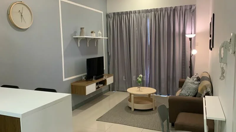 Living features: light grey painted walls, white ceiling, floor-to-ceiling curtains in grey, sofa in brown fabric, coffee table in circular design, TV console in wood finish, wall-mounted TV, decorative shelf with small decor items, lamp with white shade, area rug, dining table with black chairs in background; style: modern.