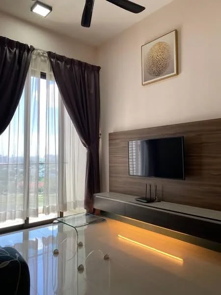 Living features: floor-to-ceiling windows, sheer curtains, blackout curtains, wooden feature wall, wall-mounted TV, glass coffee table, recessed lighting, 5-blade ceiling fan with light, decorative artwork on wall, light-colored walls, laminate flooring; style: modern; view: city.