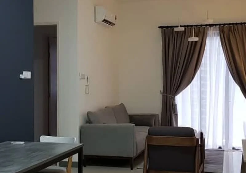 Living features: grey fabric sofa, wooden armchair, white walls, dark blue accent wall, floor-to-ceiling windows, sheer curtains, blackout curtains, recessed downlights, 1 wall-mounted split AC; style: modern.