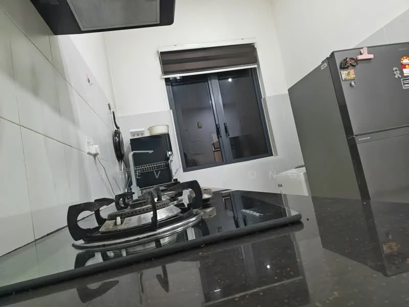 Kitchen features: black granite countertop, stainless-steel gas hob, built-in oven, grey refrigerator, white tiled walls, sliding glass window, under-cabinet lighting, kitchen cabinetry, sink, exhaust hood; style: modern.