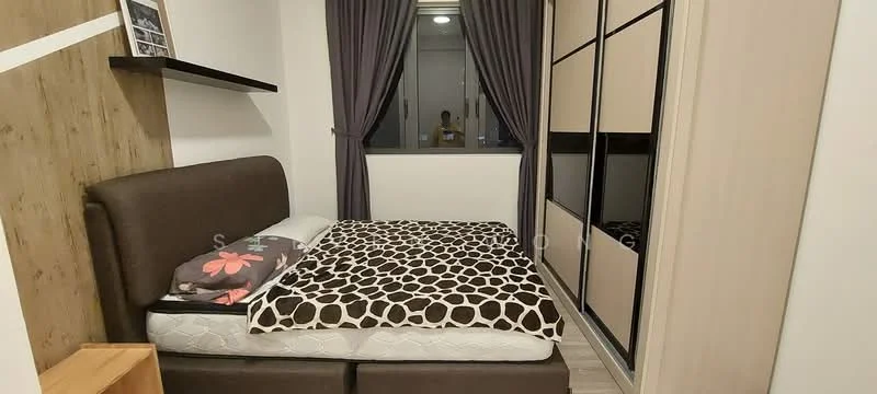 Bedroom features: queen-size bed with upholstered headboard, bedding with floral and animal print, wooden bedside table, built-in wardrobe with sliding doors, dark curtains, wood panel accent wall, laminate flooring, window with city view; style: modern; view: city.