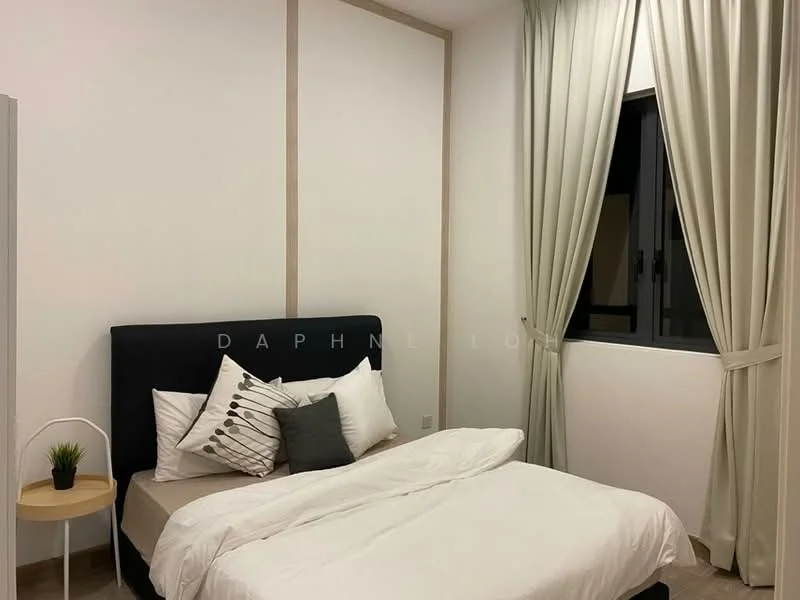 Bedroom features: queen-size bed with white bedding, upholstered headboard in dark fabric, decorative pillows in various patterns, nightstand with round top, table lamp on nightstand, floor-to-ceiling window, sheer curtains, white painted walls, light-colored flooring, minimalist decor; style: modern.