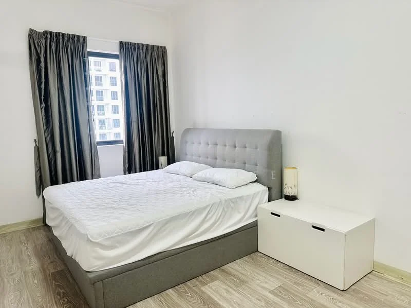 Bedroom features: queen-size bed with upholstered headboard, white bedding, nightstand with drawer, floor-to-ceiling window, grey curtains, laminate flooring, white painted walls; style: modern.
