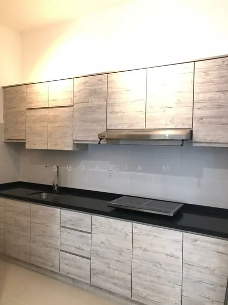 Kitchen features: laminate cabinetry with wood grain finish, black granite countertop, stainless-steel range hood, single-bowl stainless-steel sink, built-in cooktop, white tiled backsplash, under-cabinet lighting, drawer storage, open shelving; style: modern.