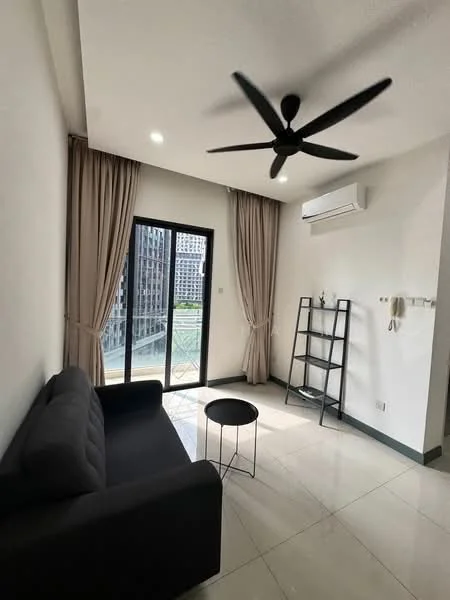 Living features: black fabric sofa, round black coffee table, floor-to-ceiling sliding glass door, curtains in beige, wall-mounted shelf unit, recessed downlights, 5-blade ceiling fan in black, glossy tile flooring, air conditioning unit on wall; style: modern; view: city.