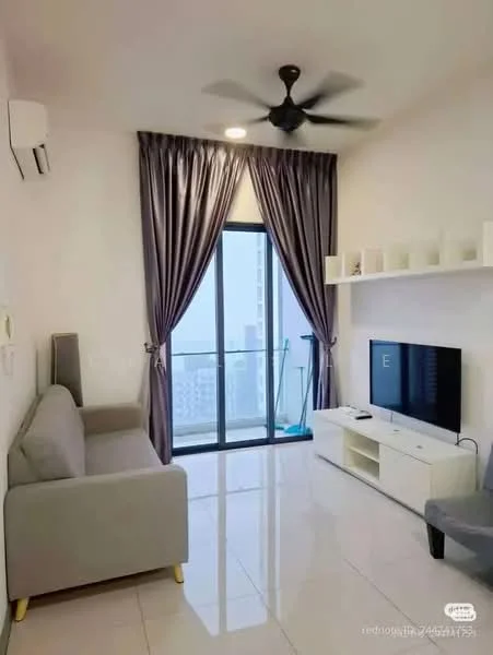 Living features: grey fabric 3-seater sofa, white TV console, wall-mounted TV, floor-to-ceiling windows, sheer curtains, dark grey curtains, ceiling fan with light, glossy tile flooring, decorative shelving unit, air conditioning unit; style: modern; view: city.