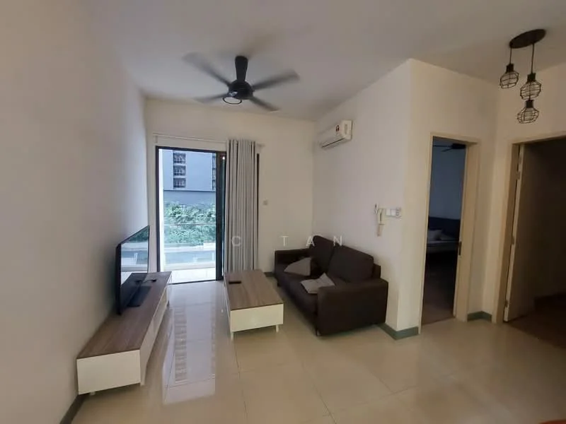 Living features: 3-seater fabric sofa in brown, wood coffee table with white drawers, wall-mounted TV, floor-to-ceiling windows, sliding glass door, curtains, ceiling fan with light, recessed downlights, cream painted walls, glossy tile flooring, air conditioning unit; style: modern; view: garden.
