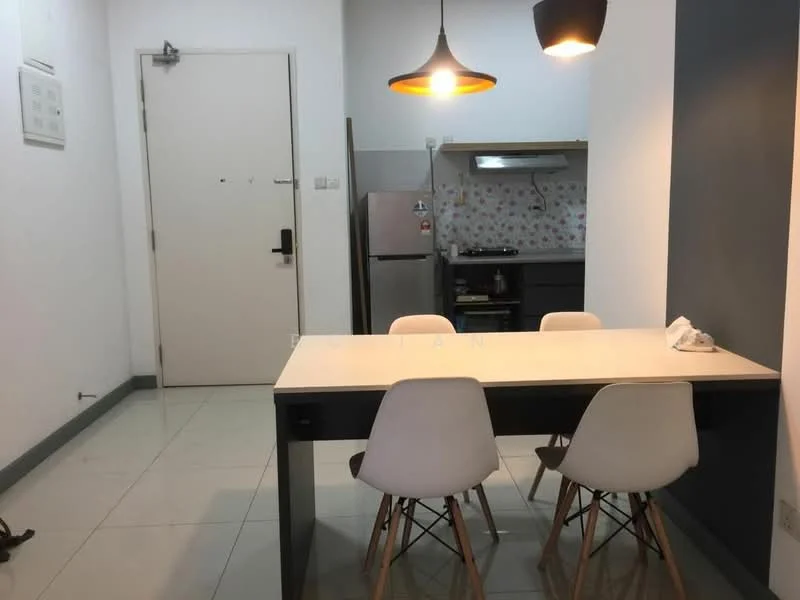 Dining features: white dining table, 4 white chairs with wooden legs, pendant light fixture, grey accent wall, white tiled flooring, open kitchen layout visible, stainless-steel fridge, kitchen countertop with backsplash, wall-mounted kitchen hood, cabinets above countertop; style: modern.