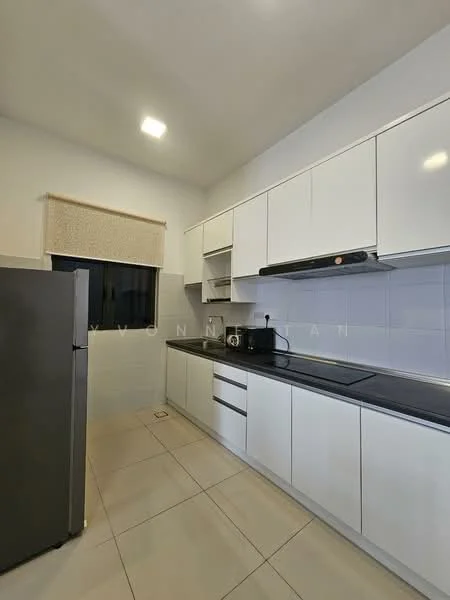 Kitchen features: white flat-panel cabinets, black countertop, stainless-steel fridge, built-in oven, ceramic cooktop, single-bowl stainless-steel sink, chrome pull-down faucet, white tiled backsplash, recessed LED downlights, window with sheer curtain, tile flooring; style: modern.