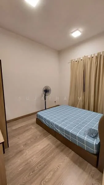 Bedroom features: queen-size bed with blue checkered bedding, wooden flooring, white painted walls, curtains in beige, ceiling lights, wall-mounted fan, wooden wardrobe, decorative wall art; style: modern.