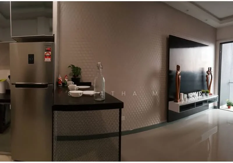 Living features: stainless-steel fridge, black countertop, white cabinetry, decorative wall with textured finish, wall-mounted TV unit, decorative sculptures, glass door leading to outdoor space, recessed ceiling lights, polished tile flooring; style: modern.