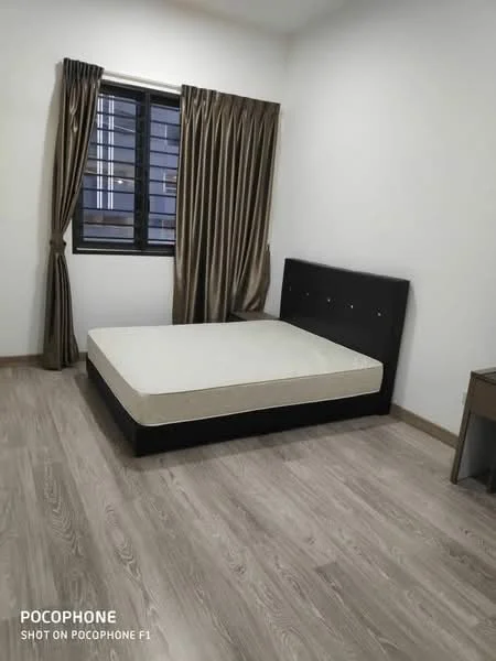 Bedroom features: queen-size bed, wooden bed frame, light-colored laminate flooring, white painted walls, black window frames, floor-to-ceiling window, brown curtains, nightstand, decorative wall paneling; style: modern.