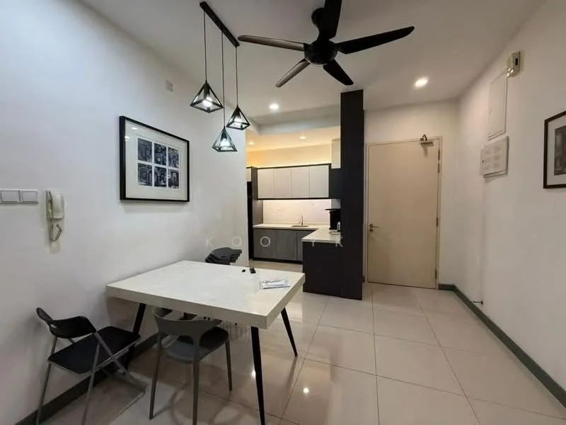 Dining features: white dining table, 4 black dining chairs, pendant lighting with geometric design, 5-blade ceiling fan, white painted walls, glossy tile flooring, wall-mounted intercom, framed artwork on wall, open layout to kitchen, kitchen cabinetry visible in background; style: modern.