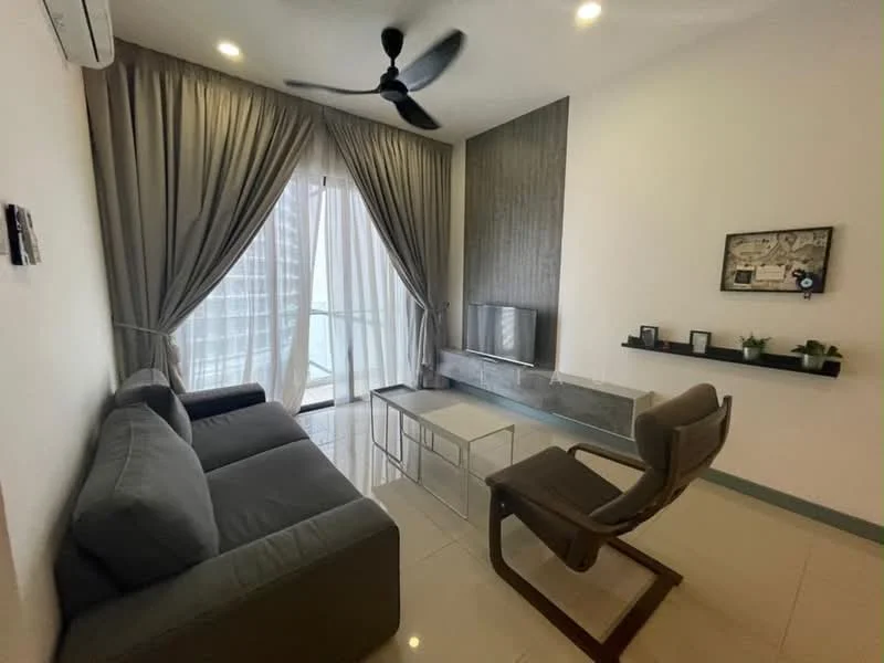 Living features: 3-seater fabric sofa in grey, coffee table with metal frame, wall-mounted TV, TV console, floor-to-ceiling windows, sheer curtains, recessed downlights, ceiling fan, decorative wall panel, wall shelf with plants, light-colored tiled flooring, neutral painted walls; style: modern; view: city.