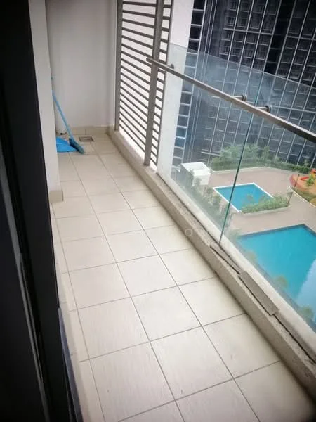 Room features: glass railing, tiled flooring, balcony space, view of swimming pool, view of surrounding buildings, sliding glass door access, outdoor space, partially covered area; style: modern; view: pool.