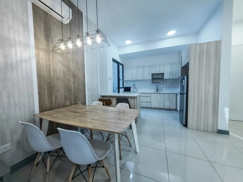 Dining features: wooden dining table, 4 white plastic dining chairs, pendant light fixture with multiple bulbs, grey accent wall, white walls, ceramic tile flooring, air conditioning unit on wall, open-plan layout to kitchen, kitchen cabinetry visible in background, stainless-steel refrigerator visible in background; style: modern. Kitchen features: white cabinetry, grey countertop, built-in oven, stainless-steel sink, single-bowl stainless-steel sink, chrome pull-down faucet, ceramic tile flooring; style: modern.