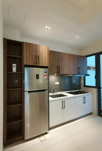 Kitchen features: stainless-steel fridge, built-in oven, 4-burner gas hob, single-bowl stainless-steel sink, chrome pull-down faucet, white cabinetry with flat-panel design, wooden upper cabinets, grey mosaic tile backsplash, white countertop, recessed downlights, open shelving, tile flooring; style: modern.