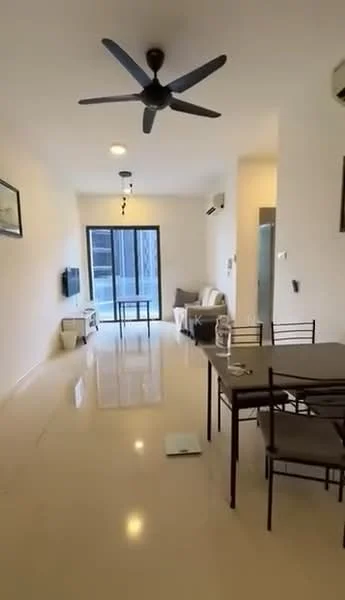 Living features: white painted walls, polished tile flooring, 5-blade ceiling fan with light, wall-mounted TV, sofa in light color, coffee table, dining table with chairs, floor-to-ceiling sliding glass door, curtains, air conditioning unit; style: modern; view: city.